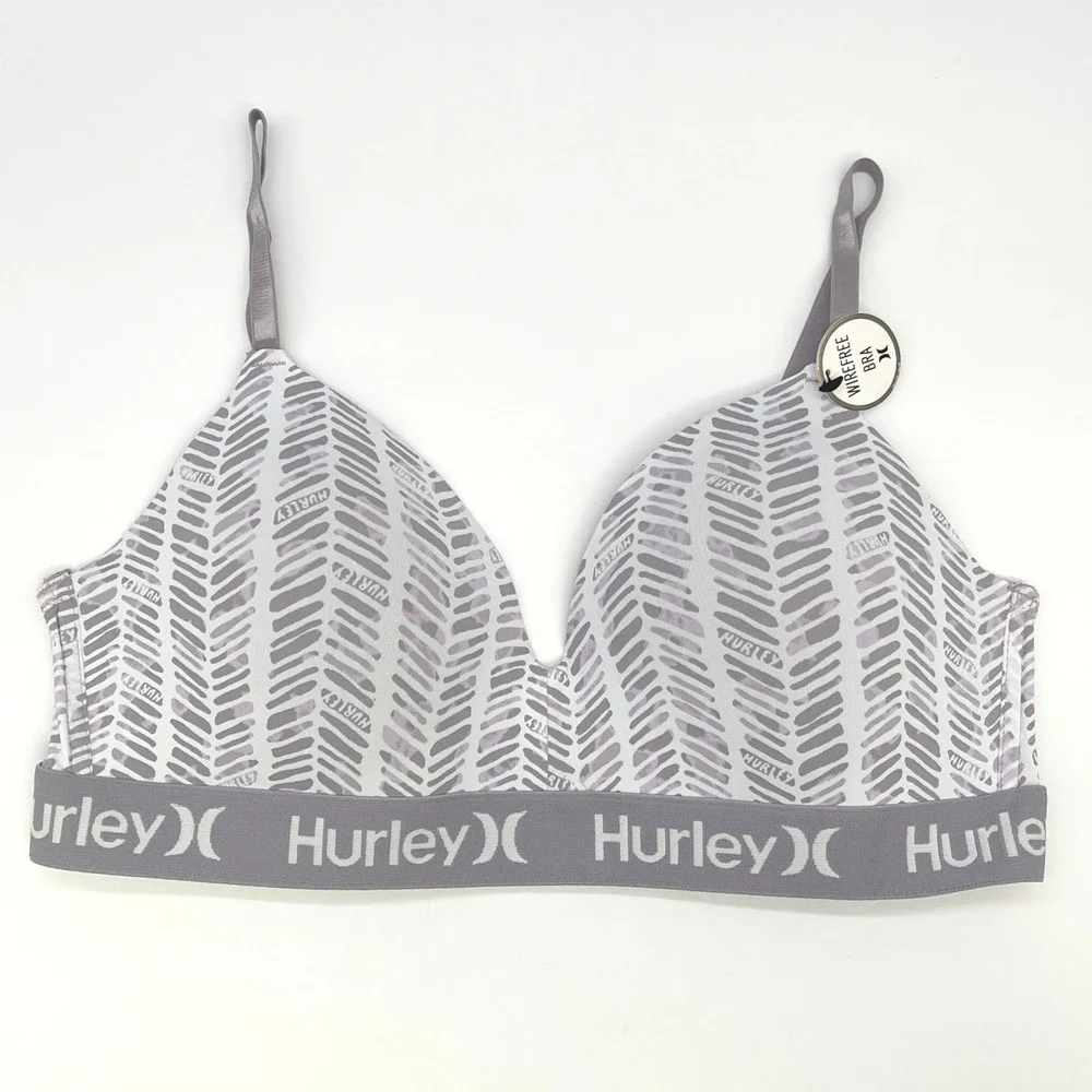 Hurley Wirefree Bra Women 34C Stretch Herringbone Logo Sporty Coastal Beach